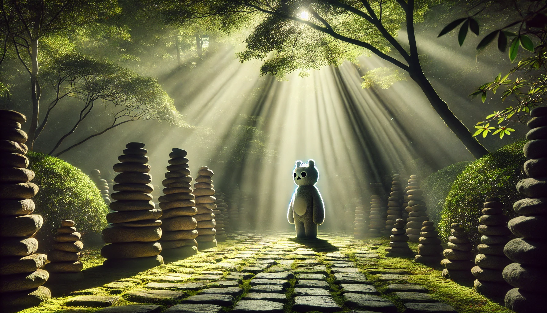 Captivating garden scene with Makka Pakka near stacked stones, blending mystery and tranquility, representing the "Makka Pakka Death" rumor, ideal for the article's featured image.