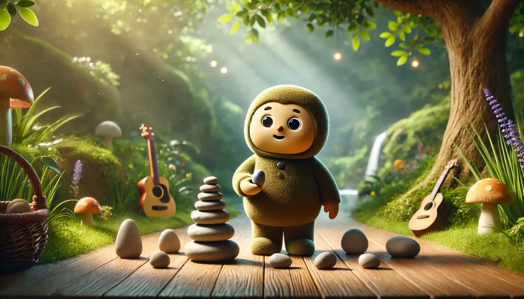 Makka Pakka holding a stone near stacked stones in a peaceful garden, capturing his gentle personality for the "Who is Makka Pakka?" section of the article.