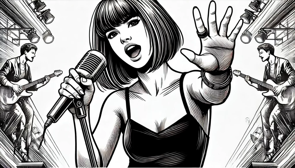 Black and white line drawing of a woman resembling Taylor Swift performing on stage with a microphone, surrounded by musicians. Ideal for Taylor Swift coloring pages with dynamic concert imagery.