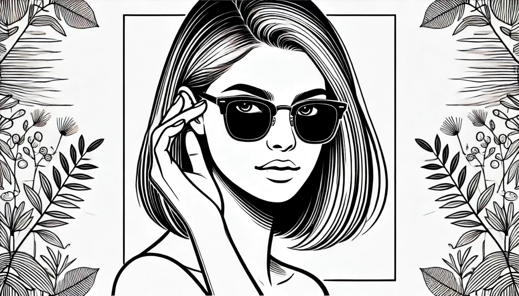 A black and white line drawing of a woman adjusting her sunglasses, resembling Taylor Swift, with floral designs framing the image. Perfect for Taylor Swift coloring pages with a stylish and elegant theme.